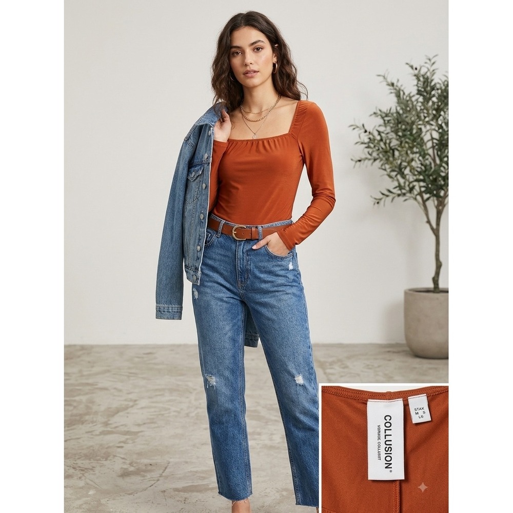 Collusion Rust Orange Square Neck Long Sleeve Bodysuit US 8 Silky Lightweight
